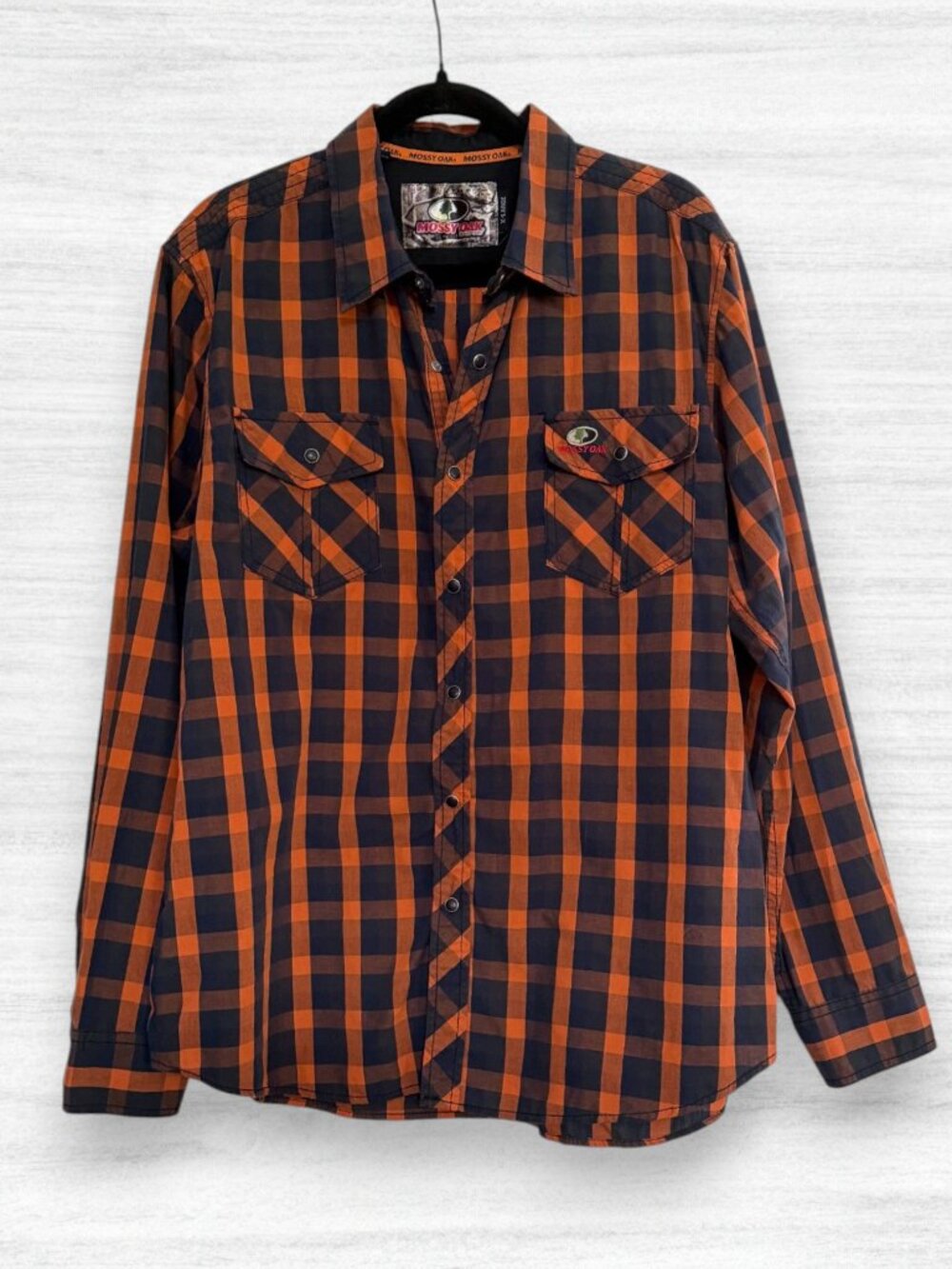 Mossy Oak Navy Orange Plaid Snap Button Shirt Mens Size XL
